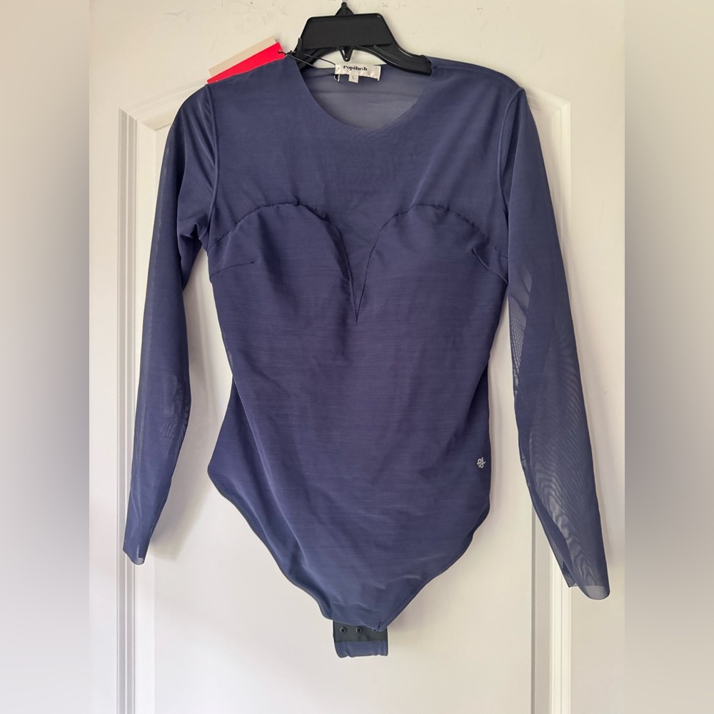 NWT Popilush Blue Long Sleeve Mesh Shapewear Bodysuit in Sz Large